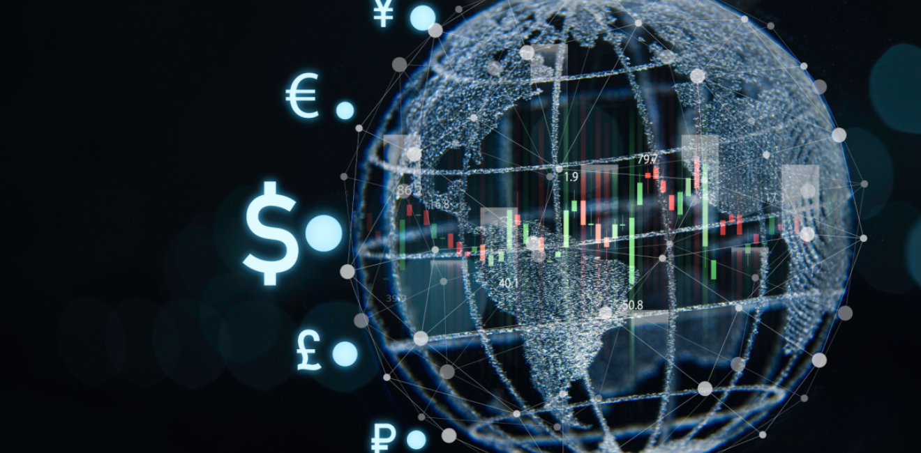 Globe surrounded by the major currencies of the world