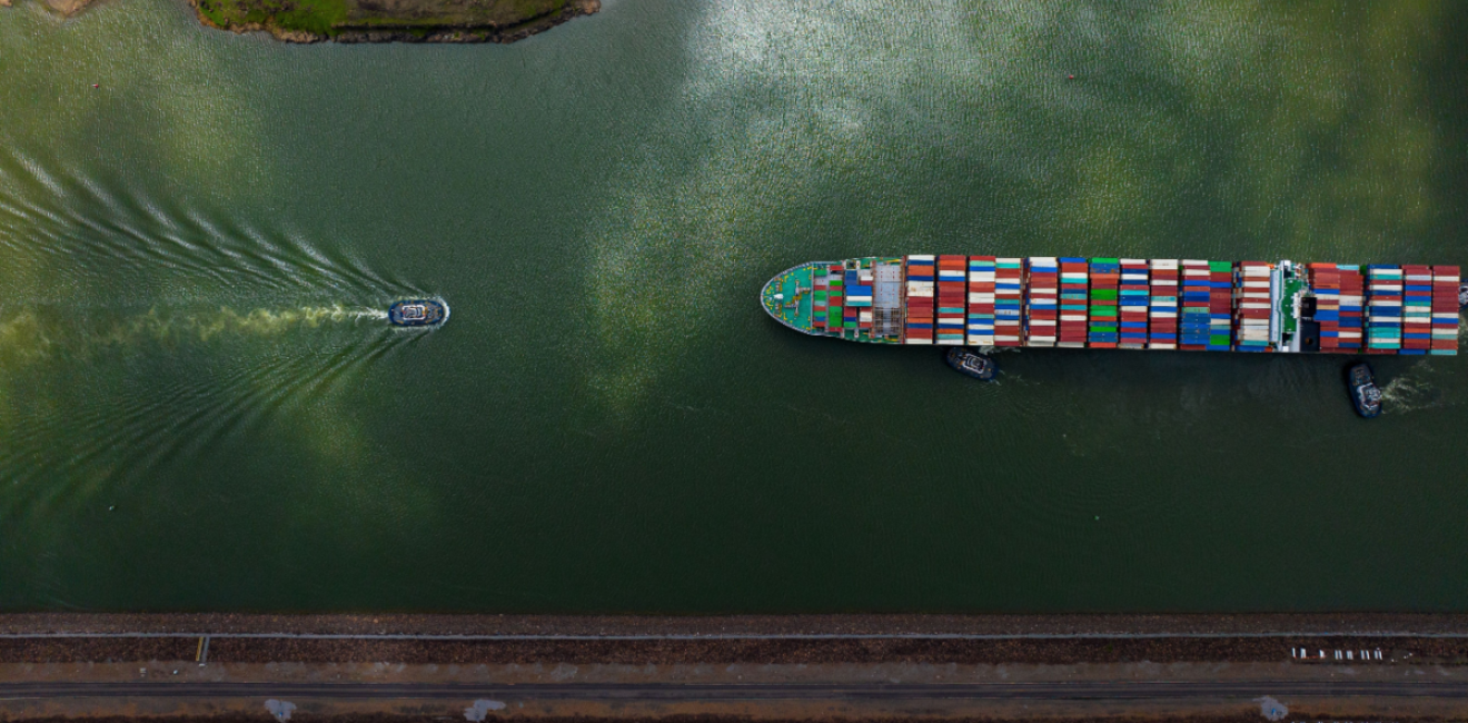 Aerial view of container ship in Panama Canal