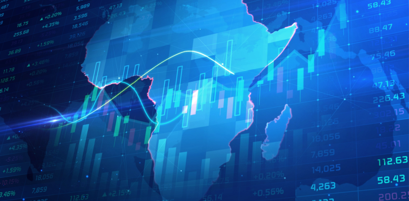 Outline of Africa on top of stylized stock data and trends