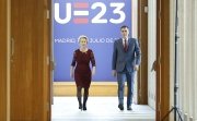 The President of the Government of Spain, Pedro Sanchez, and the President of the European Commission, Ursula von der Leyen attend a joint press conference on the occasion of the College of European Commissioners visit to Madrid, July 3, 2023.