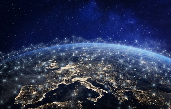 European telecommunication network connected over Europe, France, Germany, UK, Italy, concept about internet and global communication technology for finance, blockchain or IoT, elements from NASA