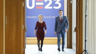 The President of the Government of Spain, Pedro Sanchez, and the President of the European Commission, Ursula von der Leyen attend a joint press conference on the occasion of the College of European Commissioners visit to Madrid, July 3, 2023.