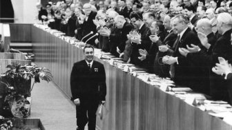 Leonid Brezhnev photographed after speaking in April 1967 at the 7th Party Congress of the SED.