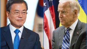 Two photos, with Moon Jae-In on the left and Joe Biden on the right.