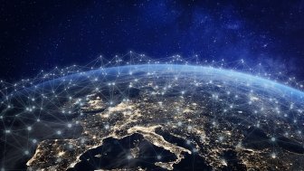 European telecommunication network connected over Europe, France, Germany, UK, Italy, concept about internet and global communication technology for finance, blockchain or IoT, elements from NASA