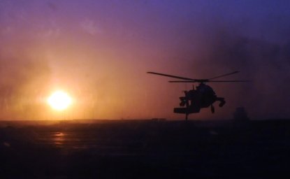 A helicopter takes off in Afghanistan.