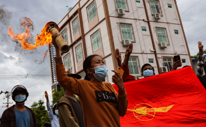 People of Myanmar protest calling for freedom and release of Myanmar's ousted civilian leader Aung San Suu Kyi, against a military coup in Mandalay, Myanmar, on July 18.2021