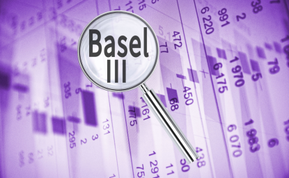 Magnifying lens over words 'Basel III,' with financial data in the background.