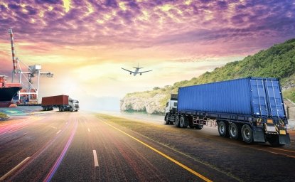 Container truck, cargo ship, road, plane