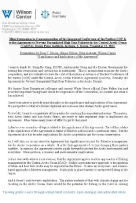 picture of the first page of Evan T. Bloom's testimony to the Mini-Symposium in Commemoration of the Inaugural Conference of the Parties (COP 1) to the Agreement to Prevent Unregulated High Seas Fisheries in the Central Arctic Ocean (CAOFA), Korea Polar Institute, Incheon, S. Korea on November 22, 2022