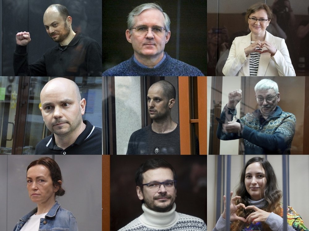 This photo combination shows, in the centre, Wall Street Journal reporter Evan Gershkovich, and clockwise from top left are Russian opposition activist Vladimir Kara-Murza, corporate security executive and former U.S. Marine Paul Whelan, Lilia Chanysheva, former coordinator of regional offices of the late opposition figure Alexei Navalny, co-chair of the Nobel Peace Prize winning Memorial Human Rights Centre Oleg Orlov, artist and musician Sasha Skochilenko, Russian opposition activist and former municipal 