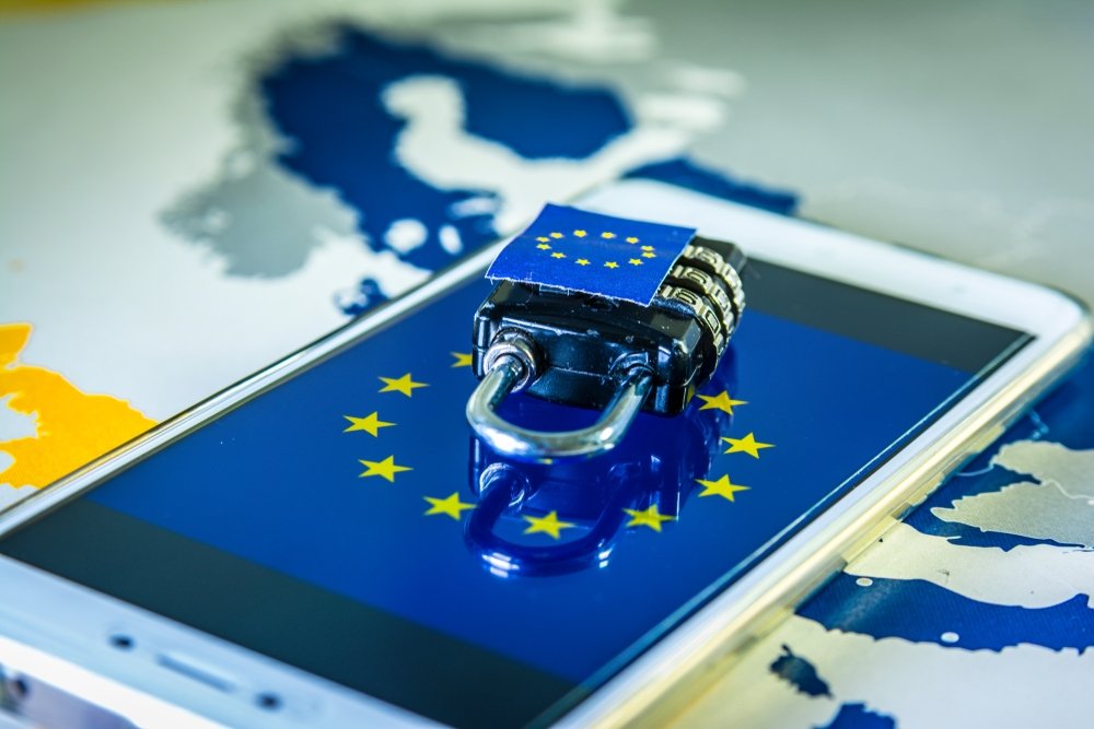 A Picture of a Phone Displaying the EU Flag, with a Lock on It