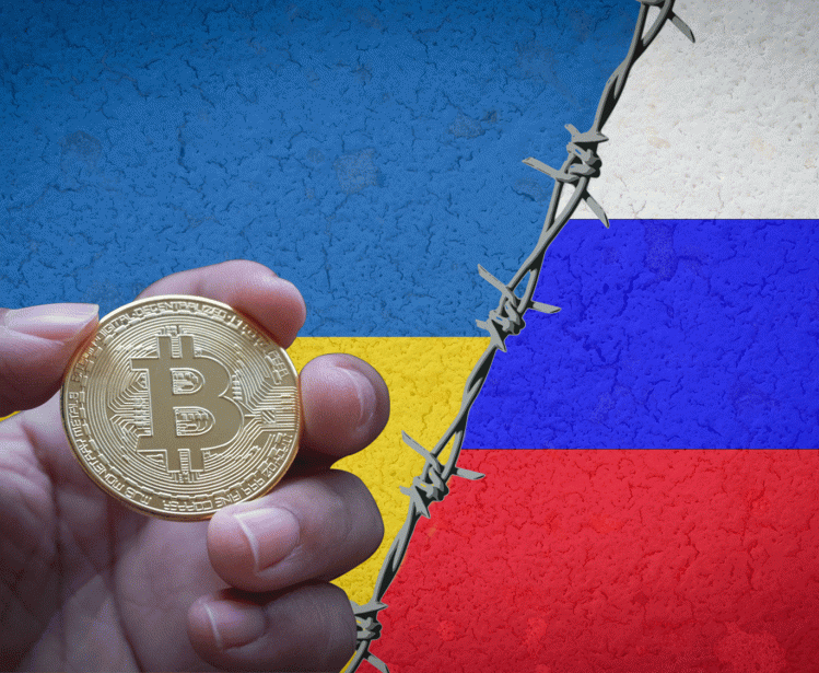 Russian and Ukrainian flags and Bitcoin