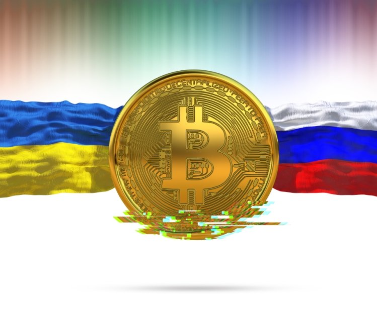 Bitcoin Ukraine and Russian Flags