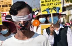 Nyaunghswe, Myanmar - 17 Feb 2021: Myanmar people took to the streets to protest against the military coup