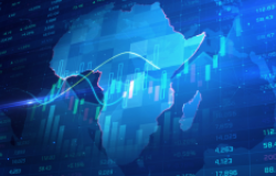 Outline of Africa on top of stylized stock data and trends