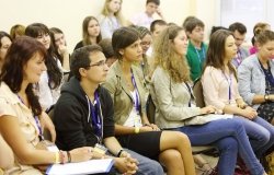 Boys and girls at Global Youth Voice - AIESEC International Congress 2012 in MGIMO, on August 18, 2012 in Moscow, Russia.