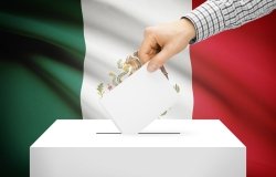 Voting concept - Ballot box with national flag on background - Mexico